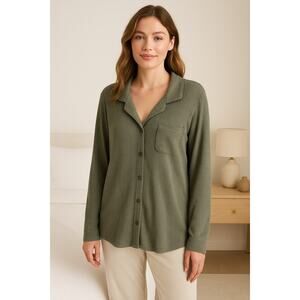 Auden Green Cotton Sleepwear Top Long Sleeve Button Up Size XL